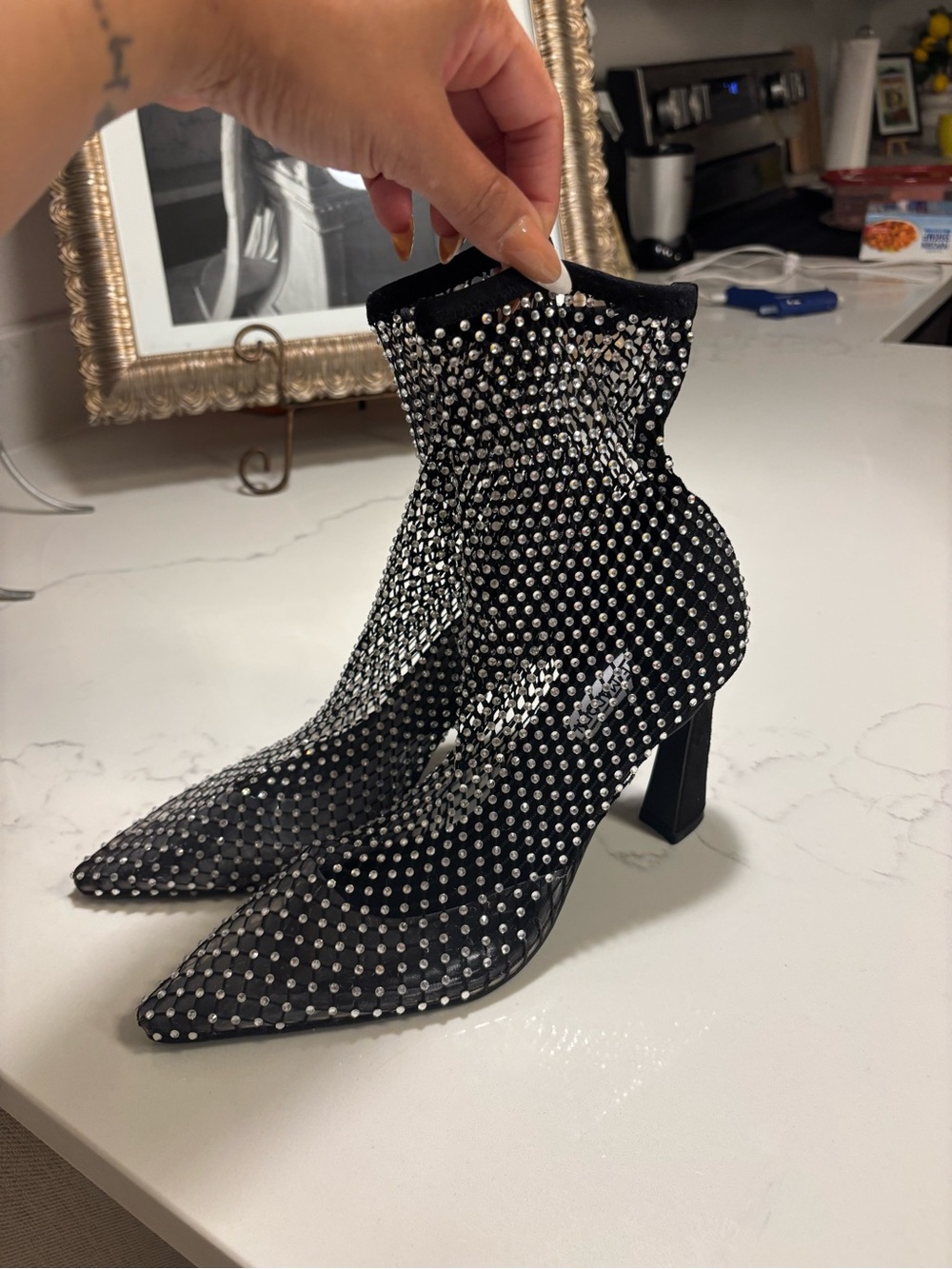 Crystal-Embellished Black mesh Booties - Women's Fashion Heel